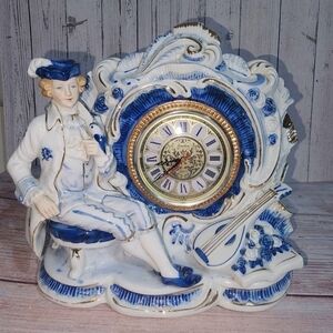 Vintage Blue and White Porcelain Clock with Figurine